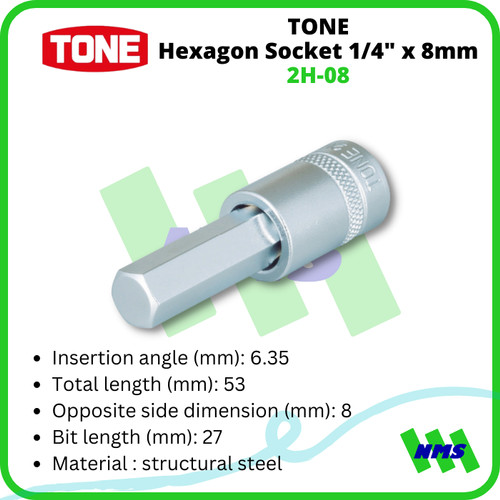 Kunci Socket Segi Enam TONE 2H-08 Hexagon Socket 1/4" x 8mm