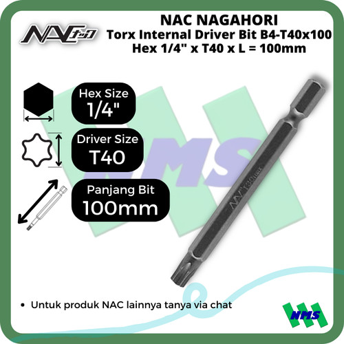 Torx Internal Driver Bit SQ1/4 x T40 x L 100mm Nagahori NAC B4-T40x100