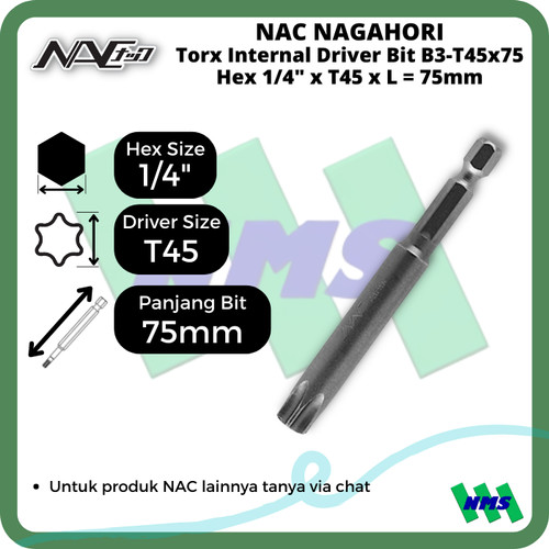 Torx Internal Driver Bit SQ1/4 x T45 x L 75mm Nagahori NAC B3-T45x75