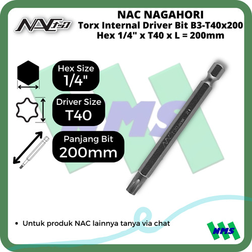 Torx Internal Driver Bit SQ1/4 x T40 x L 200mm Nagahori NAC B3-T40x200