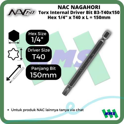 Torx Internal Driver Bit SQ1/4 x T40 x L 150mm Nagahori NAC B3-T40x150