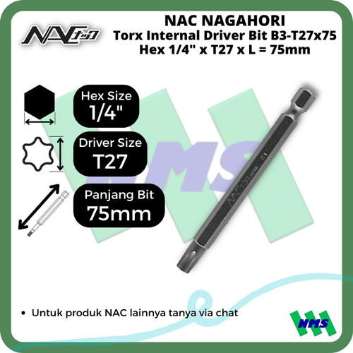 Torx Internal Driver Bit SQ1/4 x T27 x L 75mm Nagahori NAC B3-T27x75