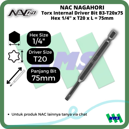 Torx Internal Driver Bit SQ1/4 x T20 x L 75mm Nagahori NAC B3-T20x75