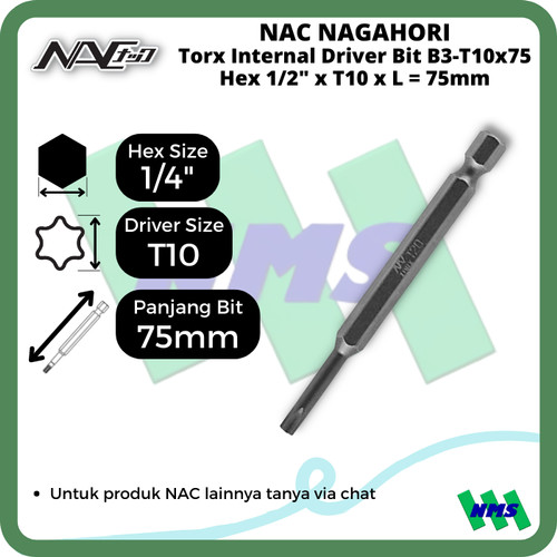 Torx Internal Driver Bit SQ1/4 x T10 x L 75mm Nagahori NAC B3-T10x75