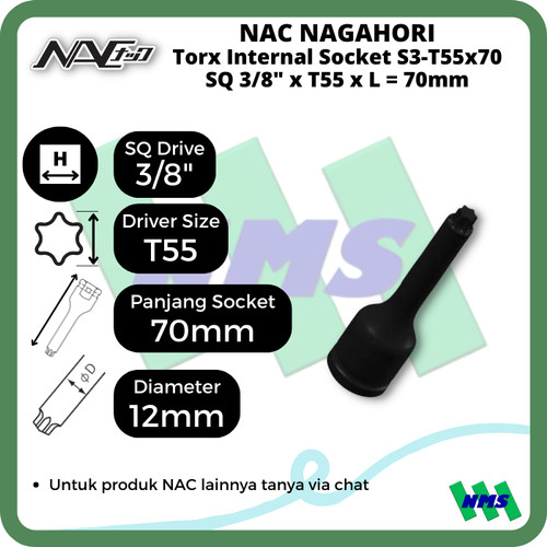 Torx Internal Socket SQ3/8 x T55 x L 70mm Nagahori NAC S3-T55x70