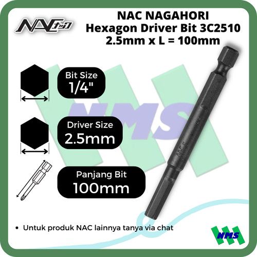 Mata Obeng L Hexagon Driver Bit 2.5mm x L 100mm NAC 3C2510