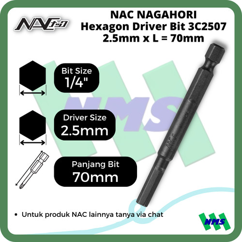 Mata Obeng Kunci L NAC 3C2507 Hexagon Driver Bit 2.5mm x L70mm Hex 1/4" Panjang 70mm