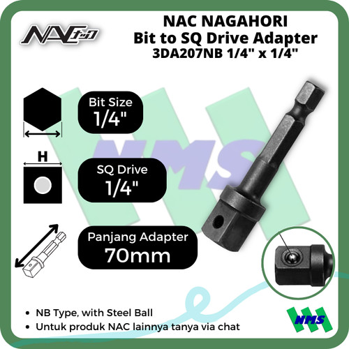 Driver Socket Adapter Bit 1/4 to Sq 1/4 x L70mm Nagahori NAC 3DA207NB