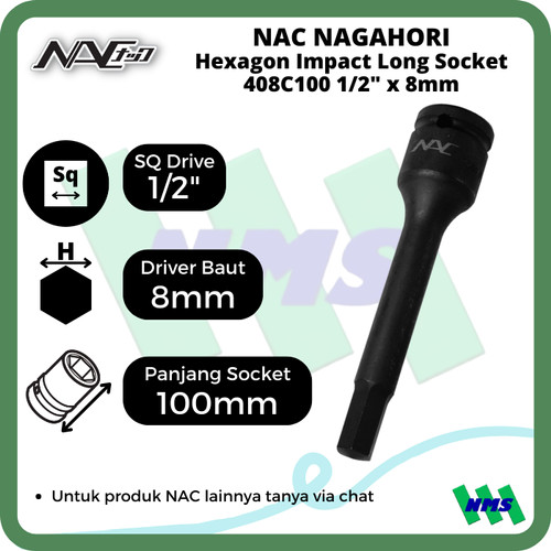 Impact Socket Long Mata Sok Hitam 1/2 x 8mm Nagahori NAC 408C100