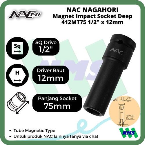 Impact Socket Deep Mata Sok Hitam 1/2 x 12mm Nagahori NAC 412MT75