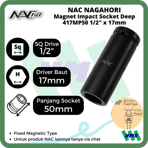 Impact Socket Deep Mata Sok Hitam 1/2 x 17mm Nagahori NAC 417MP50