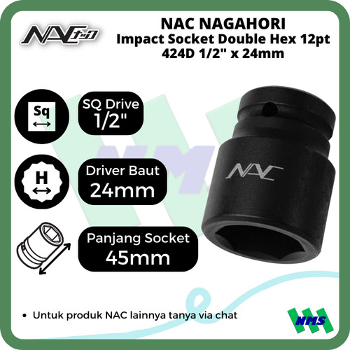 Impact Socket Standart Mata Sok Hitam 1/2 x 24mm Nagahori NAC 424D