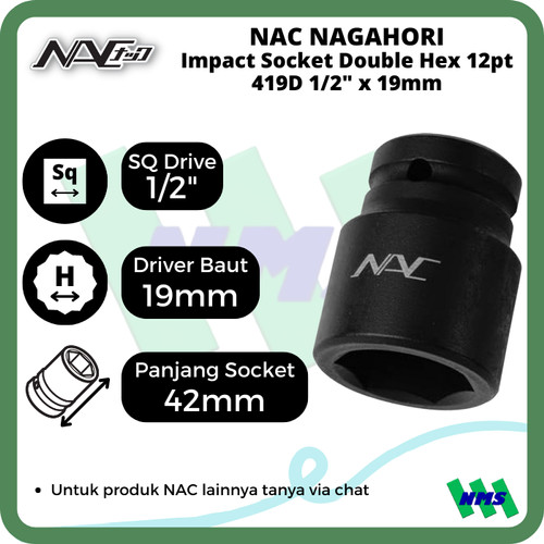 Impact Socket Standart Mata Sok Hitam 1/2 x 19mm Nagahori NAC 419D