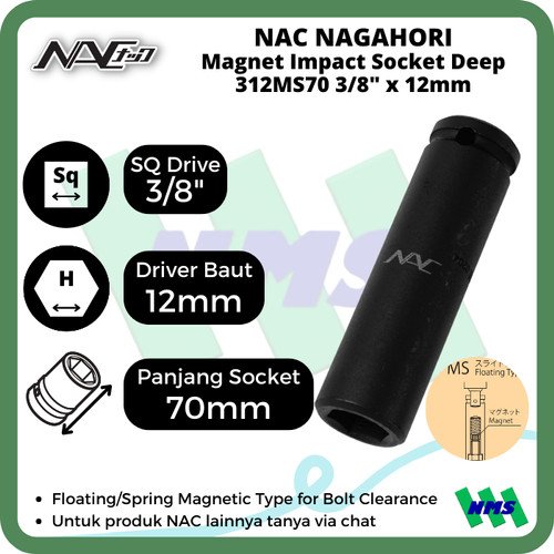 Impact Socket Deep Mata Sok Hitam 3/8 x 12mm Nagahori NAC 312MS70