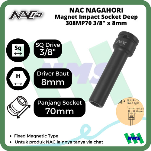 Impact Socket Deep Mata Sok Hitam 3/8" 8mm Nagahori NAC 308MP70 MAGNET