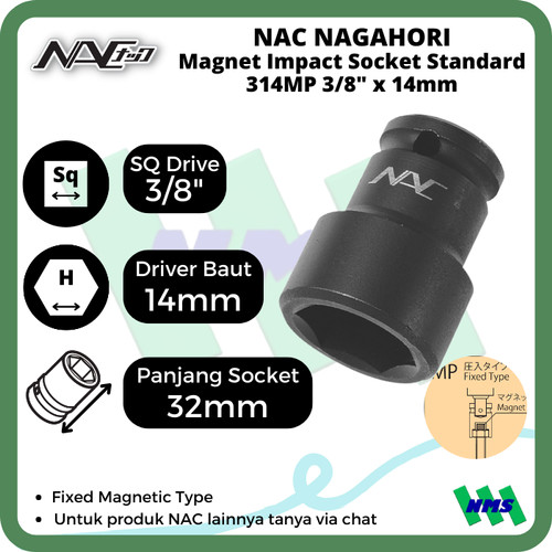 Impact Socket Standart Mata Sok Hitam 3/8 x 14mm Nagahori NAC 314MP