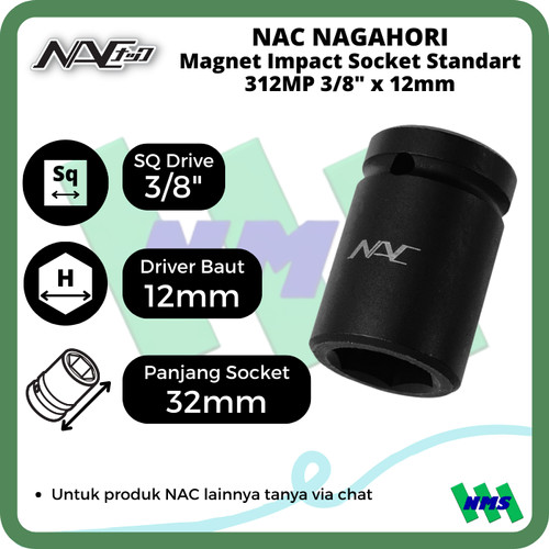 Impact Socket Standart Mata Sok Hitam 3/8 x 12mm Nagahori NAC 312MP