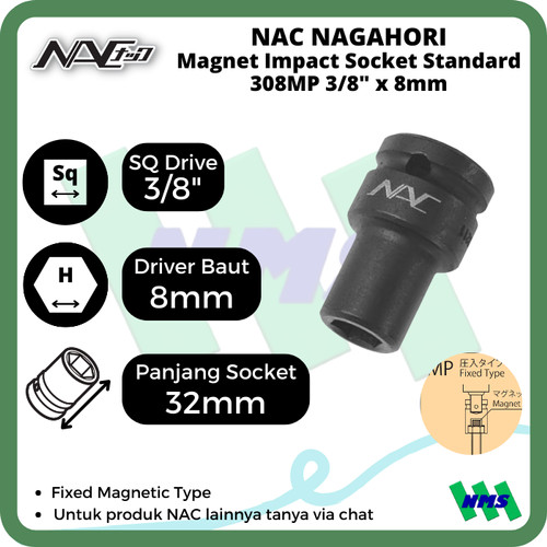 Impact Socket Standart Mata Sok Hitam 3/8 x 8mm Nagahori NAC 308MP