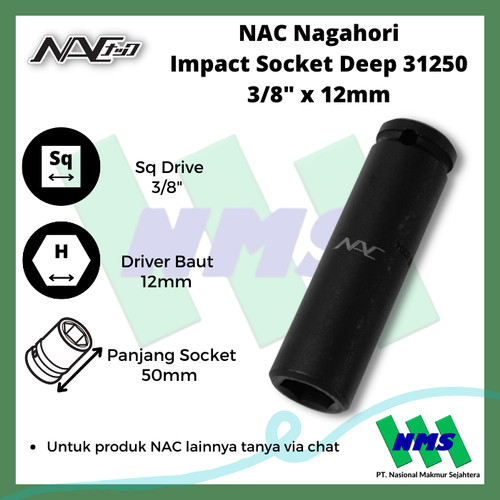 Impact Socket Deep Mata Sok Hitam 3/8 x 12mm Nagahori NAC 31250