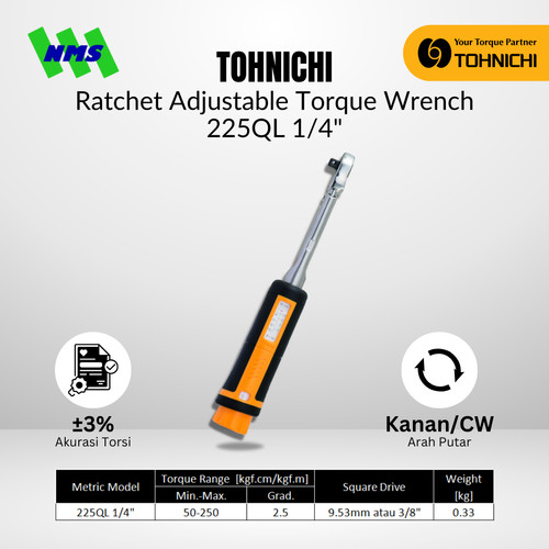 Kunci Torsi TOHNICHI 225QL 1/4" 50-250 kgf.cm Adjustable Torque Wrench