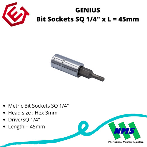 GENIUS Bit Sockets SQ 1/4" x L = 45mm Hex 3mm