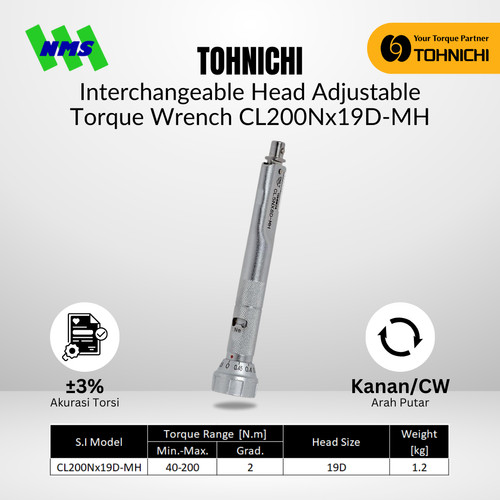 TOHNICHI Interchangeable Adjustable Torque Wrench CL200Nx19D-MH