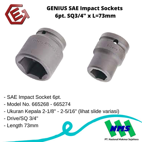 GENIUS SAE Impact Sockets 6pt. SQ3/4" x L=73mm