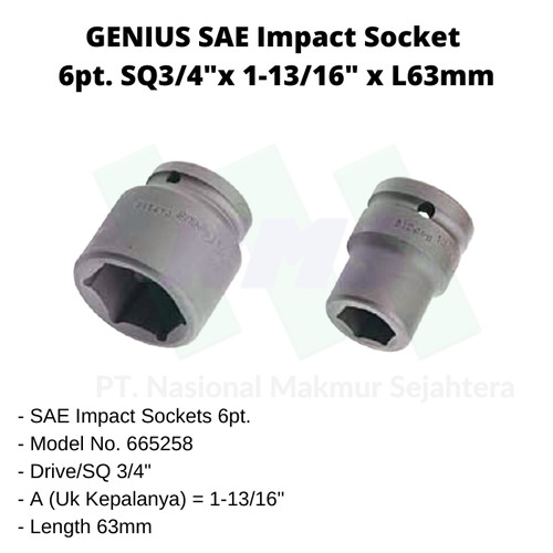 GENIUS SAE Impact Sockets 6pt. SQ3/4" x L=63mm