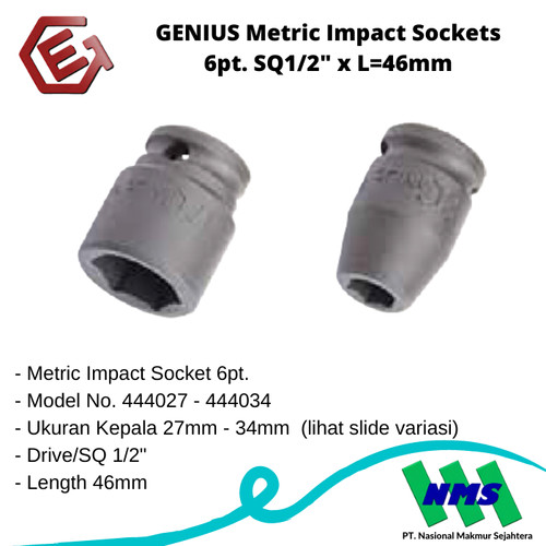 GENIUS Metric Impact Sockets 6pt. SQ1/2" x L=46mm