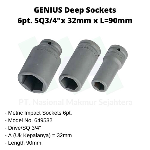 Deep Sockets 6pt. SQ3/4" x L=90mm Genius