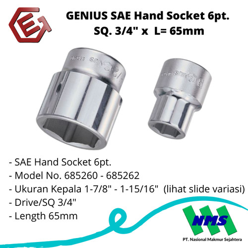 GENIUS SAE Hand Socket 6pt. SQ. 3/4" x L= 65mm