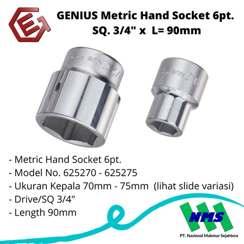 GENIUS Metric Hand Socket 6pt. SQ. 3/4" x L= 90mm