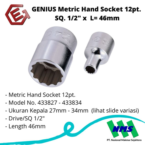 GENIUS Metric Hand Socket 12pt. SQ. 1/2" x L= 46mm