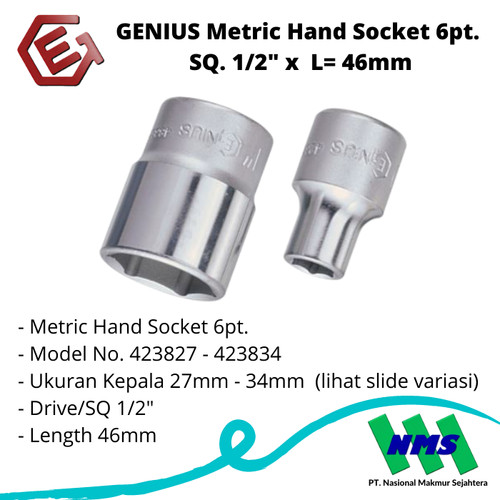 GENIUS Metric Hand Socket 6pt. SQ. 1/2" x L= 46mm