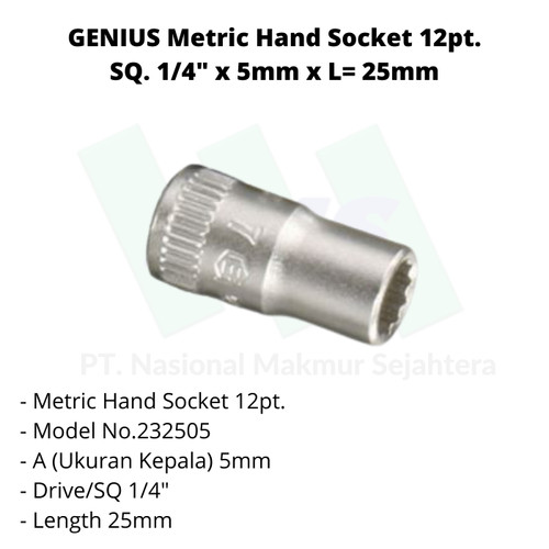 GENIUS Metric Hand Socket 12pt. SQ. 1/4" x L= 25mm