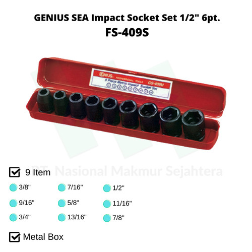 GENIUS SEA Impact Socket Set 1/2" 6pt. FS-409S