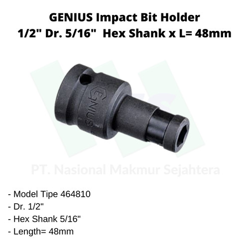 GENIUS Impact Bit Holder 1/2" Dr. x 5/16" Hex Shank x L= 48mm