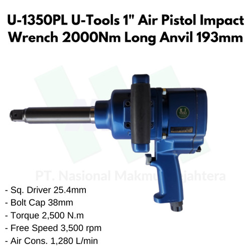 U-1350PL U-Tools 1" Air Pistol Impact Wrench 2000Nm Long Anvil 193mm