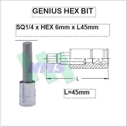 Hex Bit SQ1/4" x6mm x L45mm Genius Tools ( Kunci Sepeda / Bike Tool )