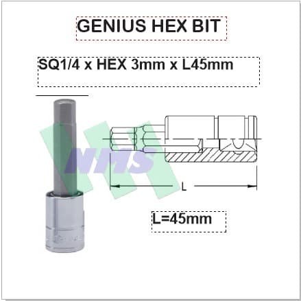 Hex Bit SQ1/4" x3mm x L45mm Genius Tools ( Kunci Sepeda / Bike Tool )