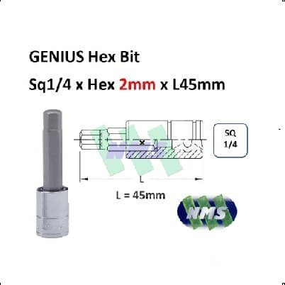 Hex Bit SQ1/4" x2mm x L45mm Brand Genius ( Kunci Sepeda / Bike Tools )