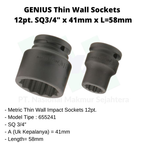 Thin Wall Sockets 12pt. SQ3/4"x41mm x 58mm Genius