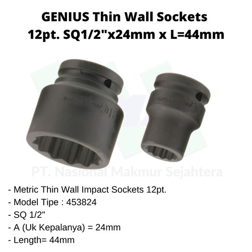 Thin Wall Sockets 12pt. SQ1/2"x24mm x L=44mm Genius