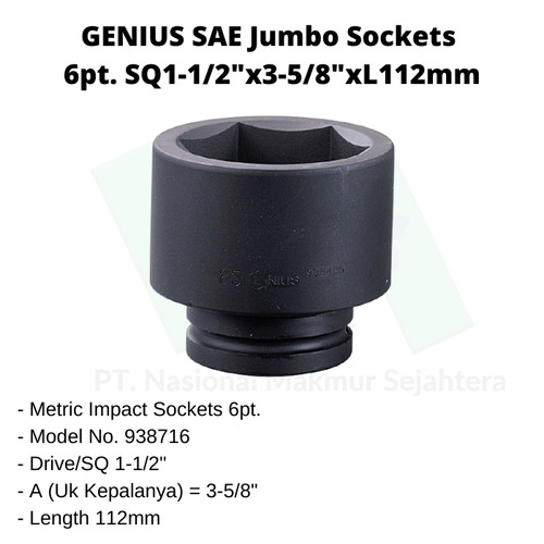 SAE Jumbo Sockets 6pt. SQ1-1/2"x3-5/8"x L=112mm Genius