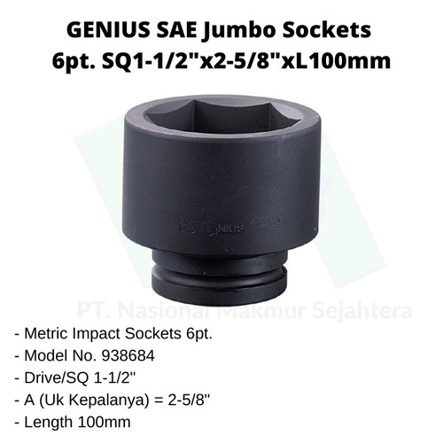 SAE Jumbo Sockets 6pt. SQ1-1/2"x2-5/8"x L=100mm Genius