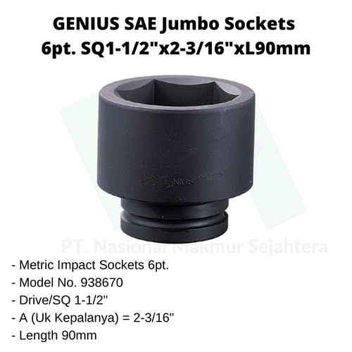 SAE Jumbo Sockets 6pt. SQ1-1/2"x2-3/16"x L=90mm Genius