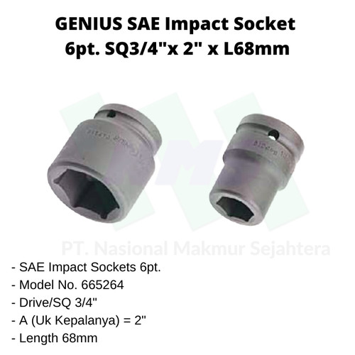 SAE Sockets 6pt. SQ3/4"x 2"x L68mm Genius Tools ( Impact Socket )