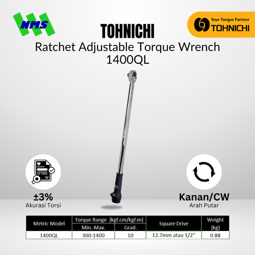 Kunci Torsi 1400QL 1/2" 300 - 1.400 Kgf.cm TOHNICHI Torque Wrench