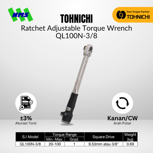 Kunci Torsi QL100N4 3/8" 20 - 100 Nm TOHNICHI Torque Wrench