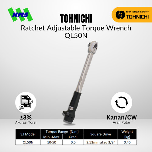 Kunci Torsi QL50N 3/8" 10 - 50Nm TOHNICHI Torque Wrench